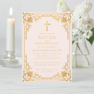 Invitation Baptême Fille Premier Anniversaire Rose Vintage Fa