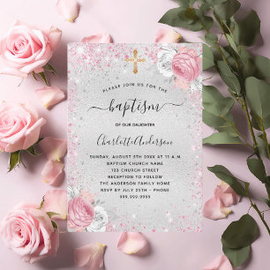 Invitation Baptême fille rose argent parties scintillant flor