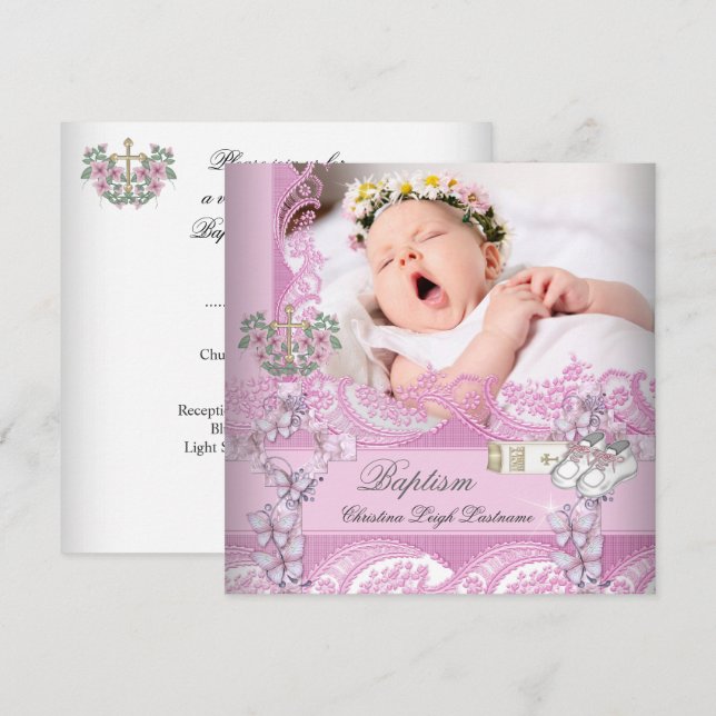 Invitation Baptême fille rose blanc photo Christening (Devant / Derrière)