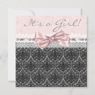 Invitation Baptême Fille Rose et Noir en Dentelle