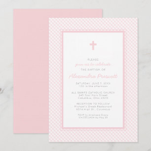 Invitation Baptême fille rose gingham