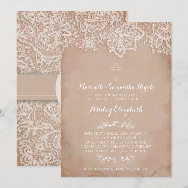 Invitation Baptême, Fille, Rose Vintage (Devant / Derrière)