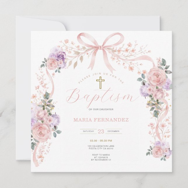 Invitation Baptême fille rose violet  (Devant)