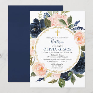 Invitation Baptême fille rousse rose marine bleu or élégant
