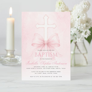 Invitation Baptême Fille Ruban Rose Croix Christening Aquarel