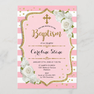 Invitation Baptême Filles - Or Rose Blanc