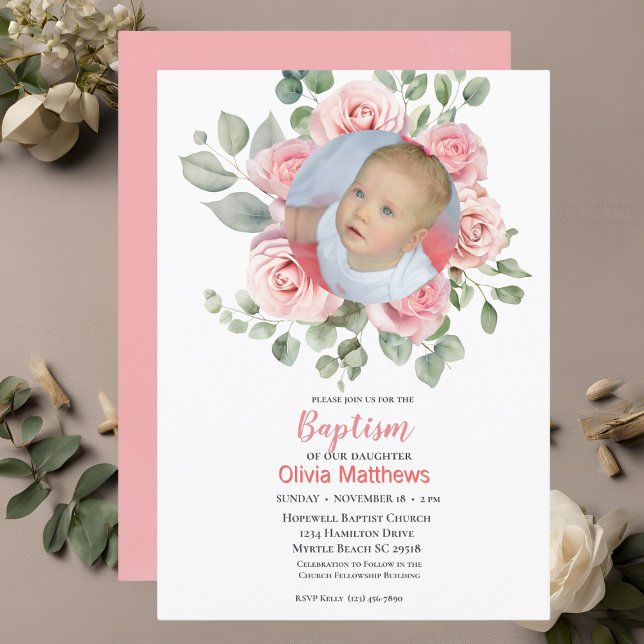 Invitation Baptême Filles Photo Roses Roses Roses Roses Roses (Créateur téléchargé)