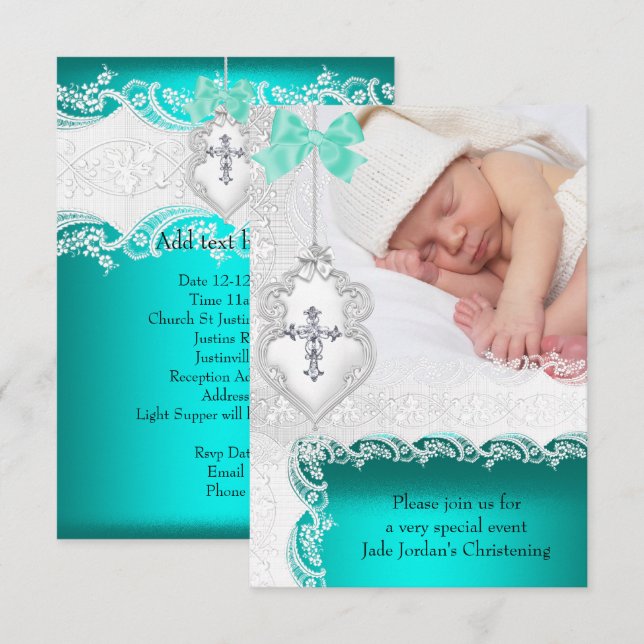 Invitation Baptême fillette ou garçon Jade Turquoise blanc de (Devant / Derrière)
