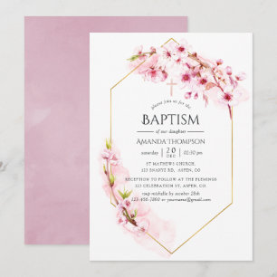 Invitation Baptême Fleur de Cerisier Géométrique Rose Printem