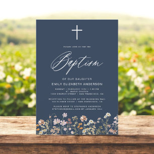 Invitation Baptême Fleur sauvage Marine Bleu Script