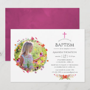 Invitation Baptême Fleur sauvage ou baptême d'Aquarelle