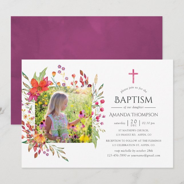 Invitation Baptême Fleur sauvage ou baptême d'Aquarelle (Devant / Derrière)