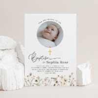 Invitation Baptême Fleur sauvage photo ronde