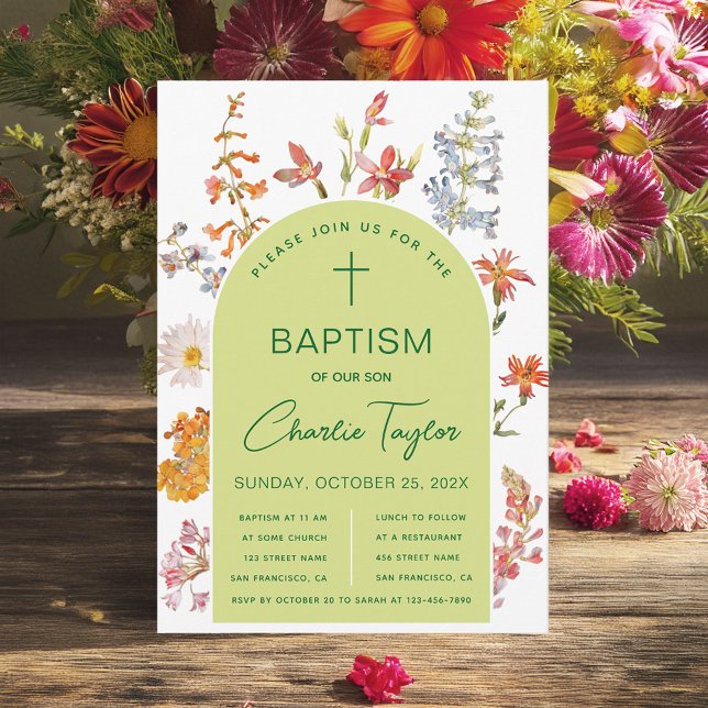 Invitation Baptême Fleur sauvage Vert Arc Floral Christening (Créateur téléchargé)