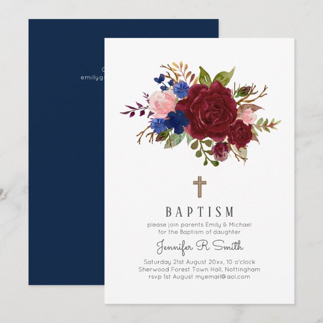 Invitation Baptême FLEURS DE BOURGOGNE BLEU ROSE ENCHANTÉ (Devant / Derrière)