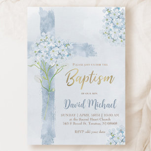 Invitation Baptême fleurs d'hortensia aquarelle bleu croix