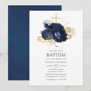 Invitation Baptême Fleurs Roses Vintage Bleu Marine & Or
