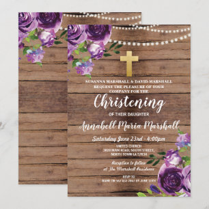 Invitation Baptême Fleurs violettes Lumières Christening Wood