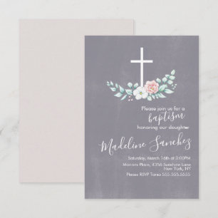 Invitation Baptême floral aquarelle croix bébé dédicace