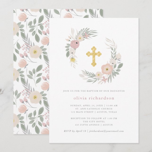 Invitation Baptême floral assez rose de la guirlande | (Devant / Derrière)