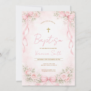 Invitation Baptême floral avec nœud rose pour fille