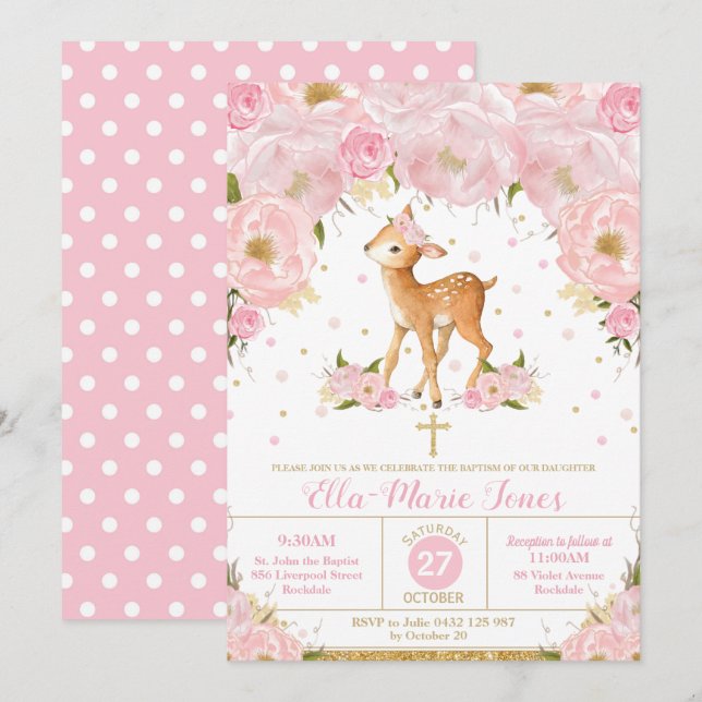 Invitation Baptême floral blanc cerf fille Christening (Devant / Derrière)
