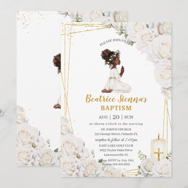 Invitation Baptême floral blanc chic Christening Prier Girl (Devant / Derrière)