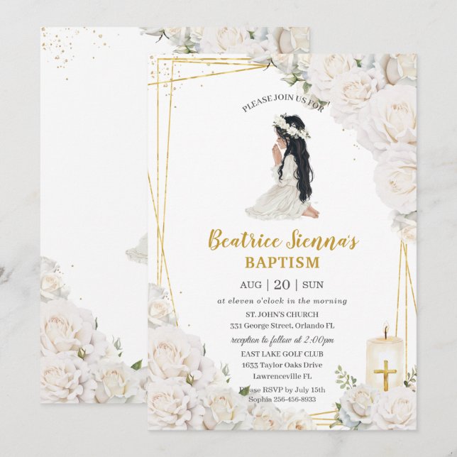 Invitation Baptême floral blanc chic Christening Prier Girl (Devant / Derrière)