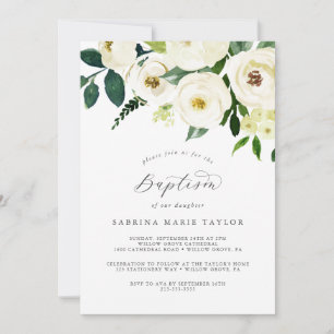 Invitation Baptême Floral Blanc Élégant