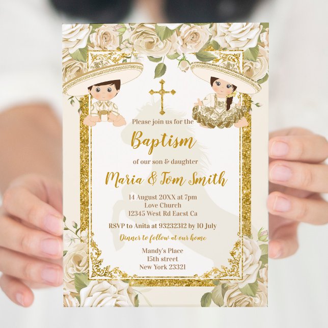 Invitation Baptême floral blanc Fiesta Twin Boy and Girl (Créateur téléchargé)