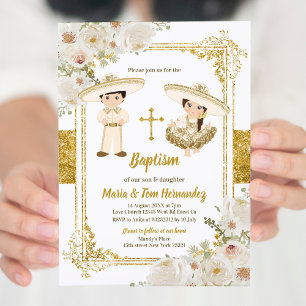 Invitation Baptême Floral Blanc Mexicain Fiesta Twin