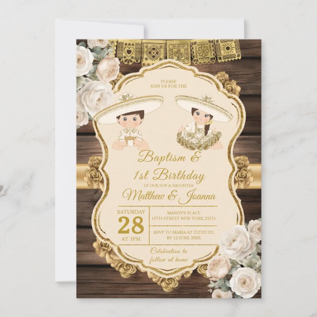 Invitation Baptême Floral Blanc Twin Boy & Girl 1er anniversa (Devant)