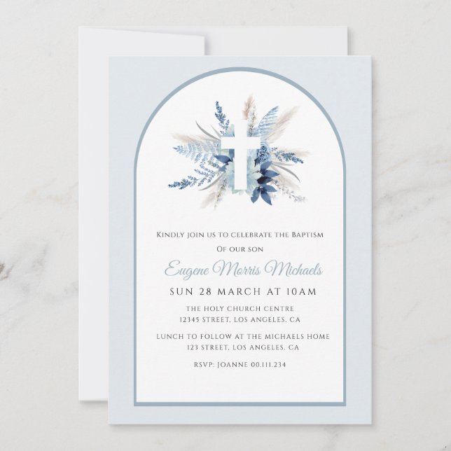 Invitation baptême floral bleu arc moderne (Devant)