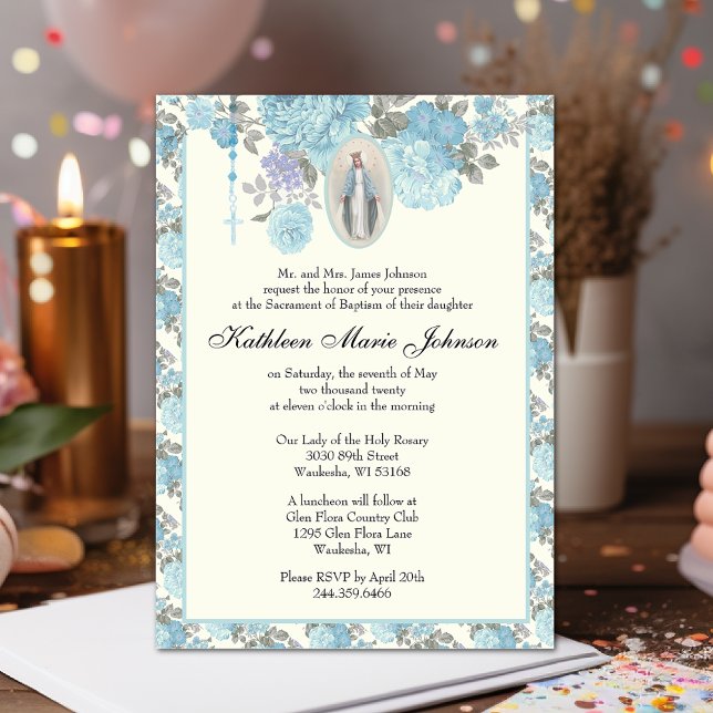 Invitation Baptême floral bleu Christening Vierge Marie (Created exclusively by the Shower of Roses Shoppe)