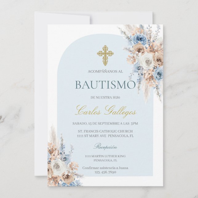 Invitation Baptême floral bleu clair (Devant)
