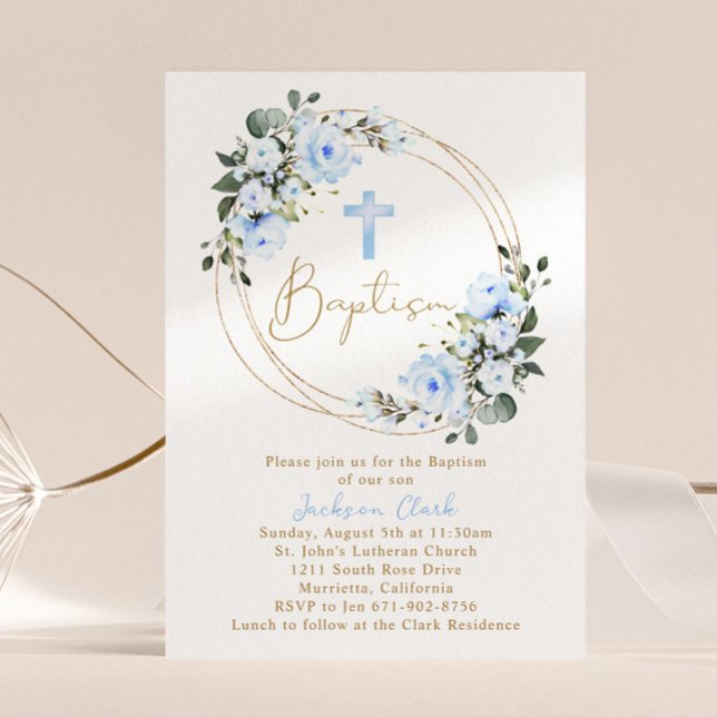 Invitation Baptême Floral Bleu Clair Christening Gold Frame (Créateur téléchargé)