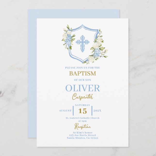 Invitation Baptême Floral Bleu Crest (Devant / Derrière)