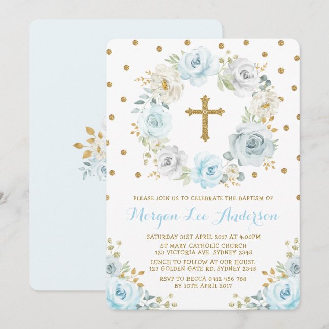 Invitation Baptême floral bleu doux doré Baptême (Devant / Derrière)