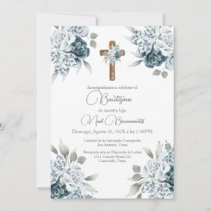 Invitation Baptême floral bleu en espagnol