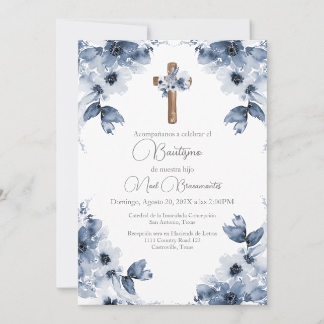 Invitation Baptême floral bleu en espagnol (Devant)