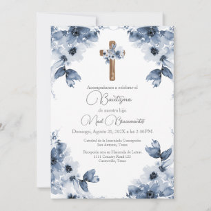 Invitation Baptême floral bleu en espagnol