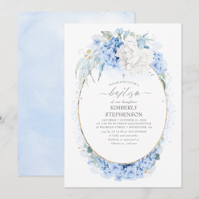 Invitation Baptême floral bleu et blanc Dusty (Devant / Derrière)
