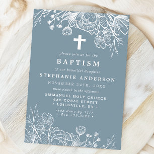 Invitation Baptême floral bleu et blanc Dusty