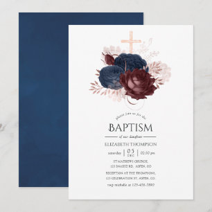 Invitation Baptême floral bleu marine et bordeaux