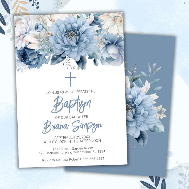 Invitation Baptême floral bleu poussiéreux (Créateur téléchargé)
