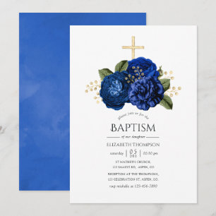 Invitation Baptême floral bleu royal et or
