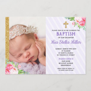 Invitation Baptême floral chic et violet, image de fille