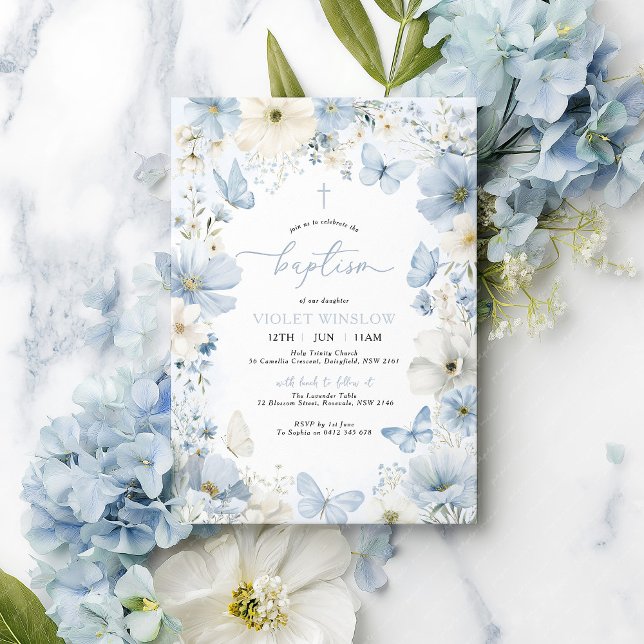 Invitation Baptême floral Christening Blue Butterfly Boy (Blue and White Floral Baptism Invitation with light blue flowers and butterflies )