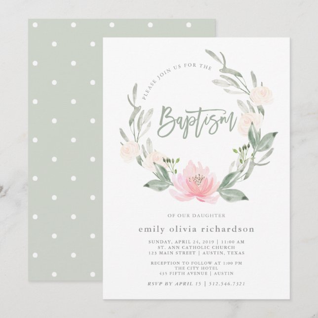 Invitation Baptême floral d'aquarelle de la guirlande | de (Devant / Derrière)