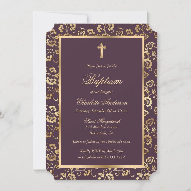 Invitation Baptême floral d'aubergine et de croix d'or (Devant)